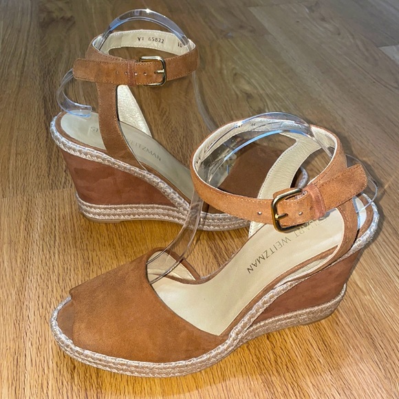 Stuart Weitzman Cognac Brown Wedge Suede Espadrille Sandals